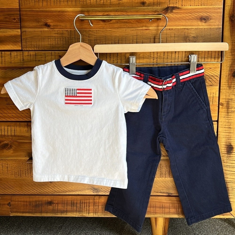 Janie & Jack Baby Boy American Flag Tee 🇺🇸 & Belted Twill Pant Outfit Set